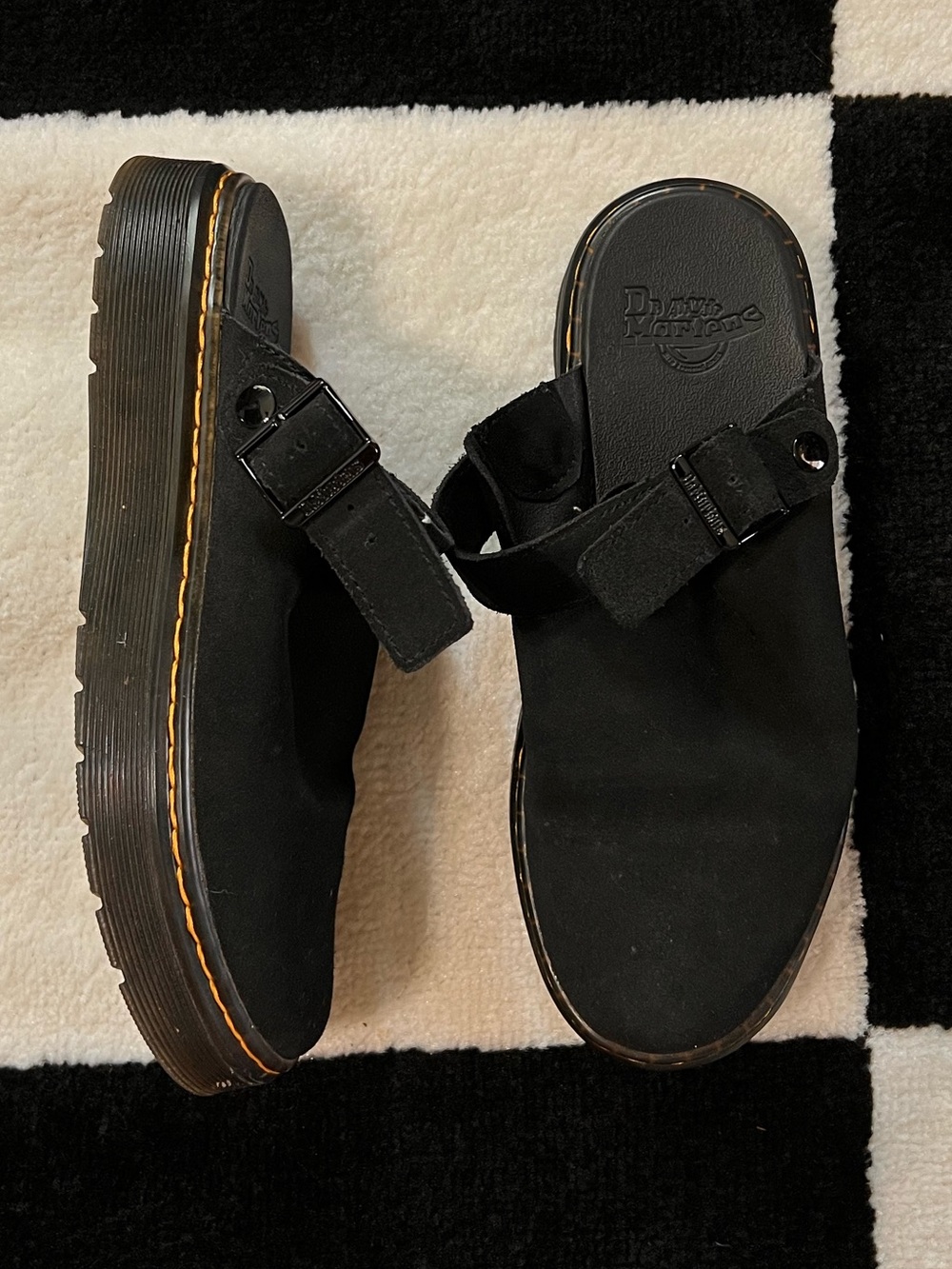 Dr. Martens Black Suede Buckle Slide Clogs with Yellow Stitching